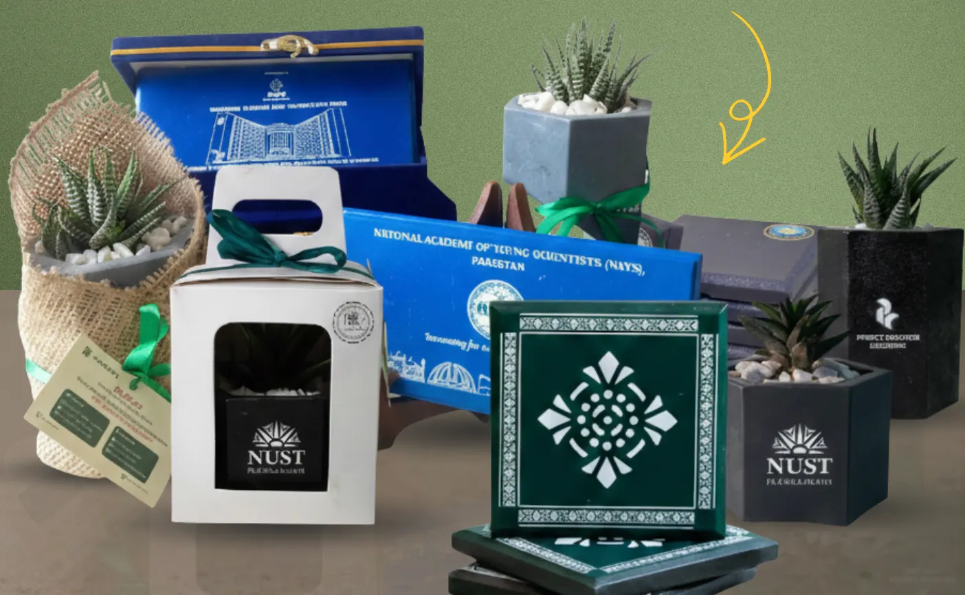 EcoBricks products made for customers: branded EcoPots with succulents, gift packaging, coasters and shields